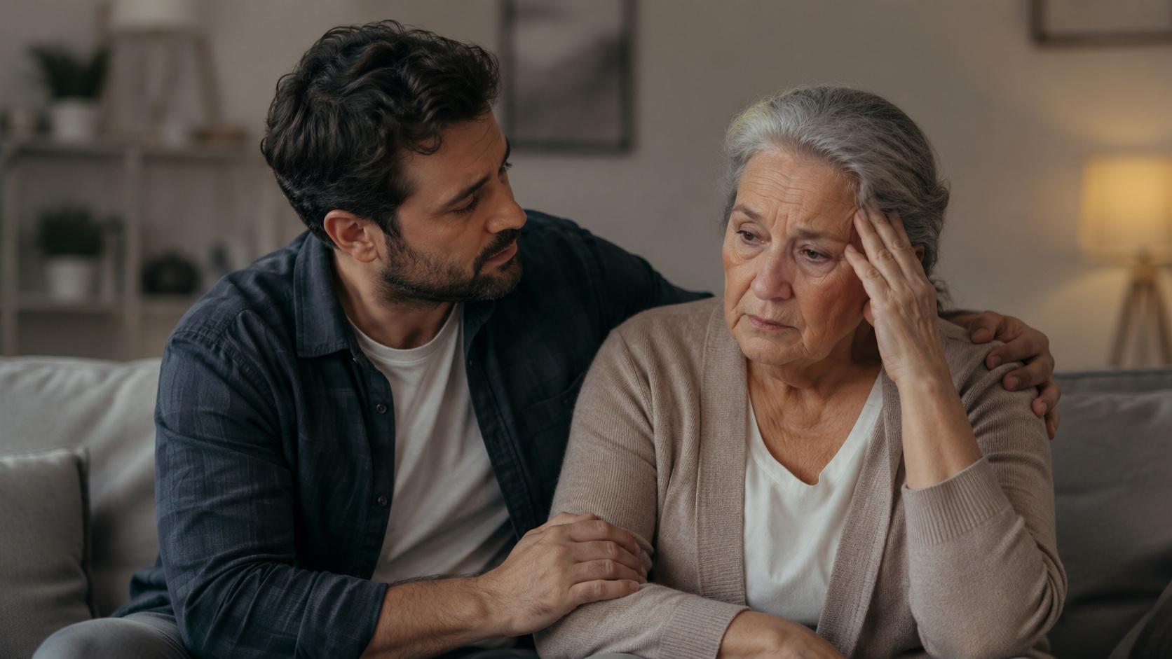 Filho conforta mãe idosa em casa durante momento emocional relacionado aos desafios do Alzheimer e da perda de memória.