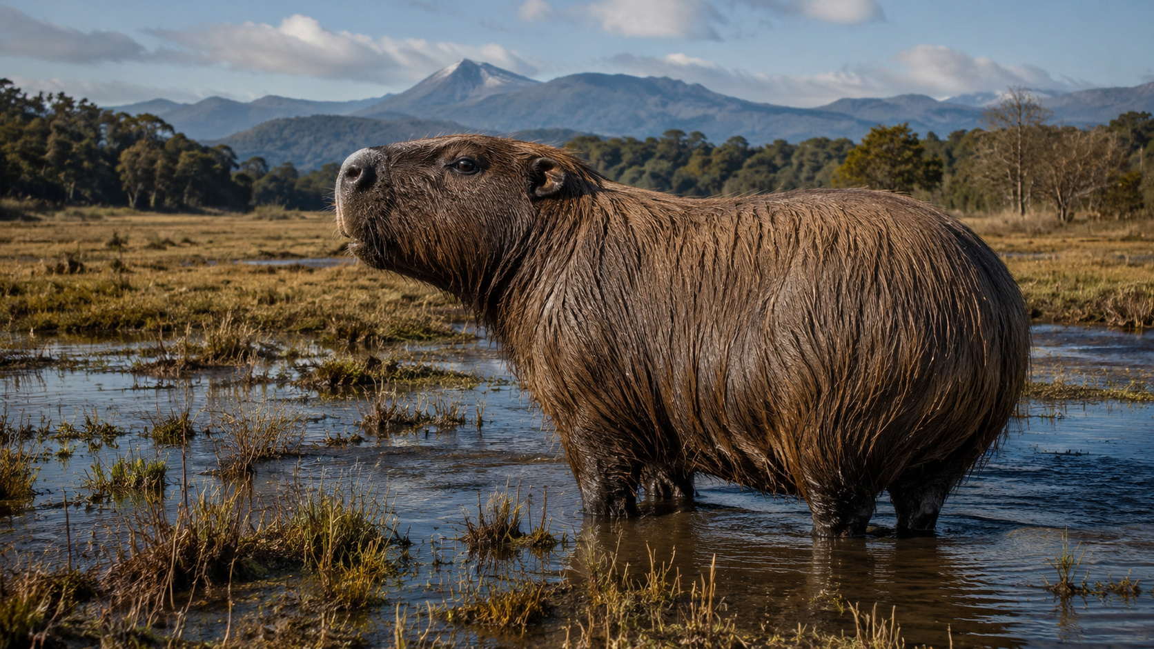 Capivara gigante pré-histórica em área alagada de La Araucanía, no Chile, representando antigos parentes do gênero Phugatherium.