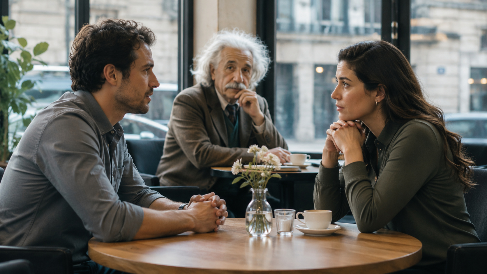 Casal refletindo sobre expectativas e mudanças em relacionamento amoroso durante conversa em ambiente moderno.