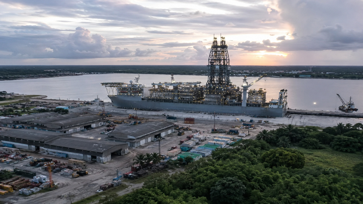 Plataforma de petróleo offshore ligada à Bacia de Stabroek operando próxima à costa da Guiana, região que concentra investimentos bilionários da indústria petrolífera e impulsiona o crescimento econômico do país.