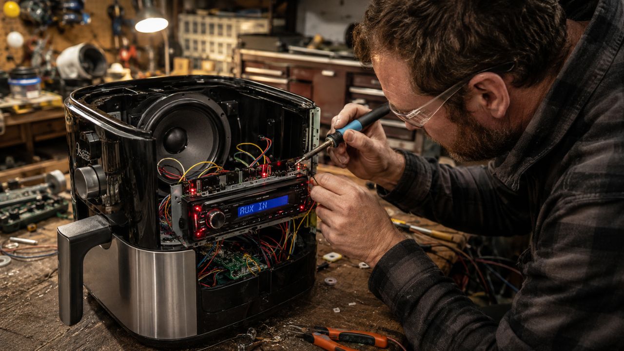 Os botões de temperatura e a sineta de uma airfryer Oster ganharam novas funções em um sistema de som automotivo criado pelo influenciador Kaue Macedo.