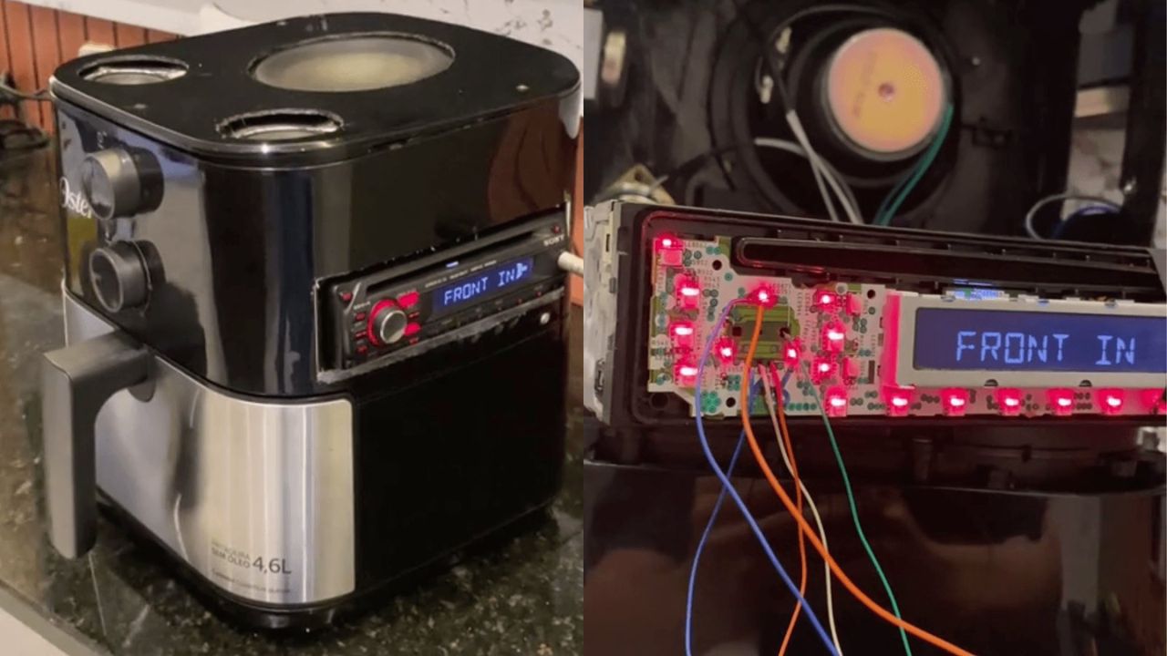 Os botões de temperatura e a sineta de uma airfryer Oster ganharam novas funções em um sistema de som automotivo criado pelo influenciador Kaue Macedo.