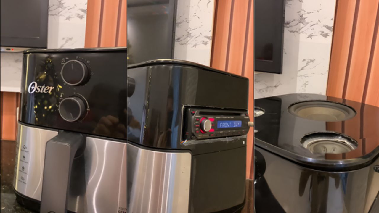 Os botões de temperatura e a sineta de uma airfryer Oster ganharam novas funções em um sistema de som automotivo criado pelo influenciador Kaue Macedo.