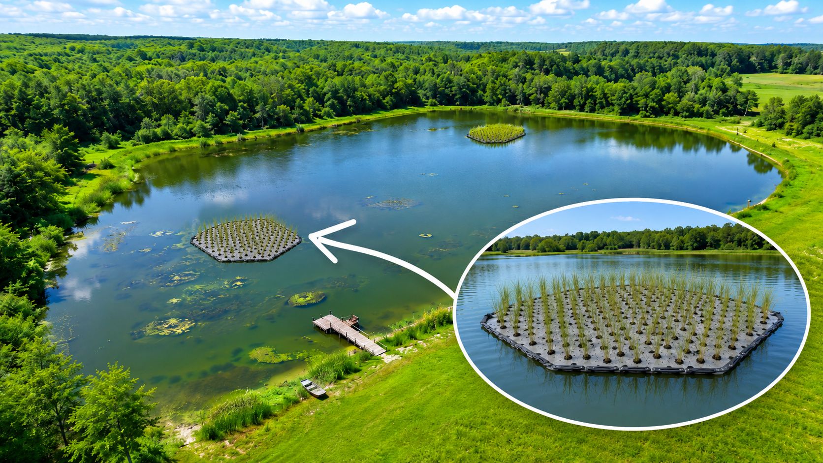 Canal BamaBass mostra ilhas flutuantes, 10 mil peixes-isca, águia-careca e filhotes do bass Moby em lago artificial.