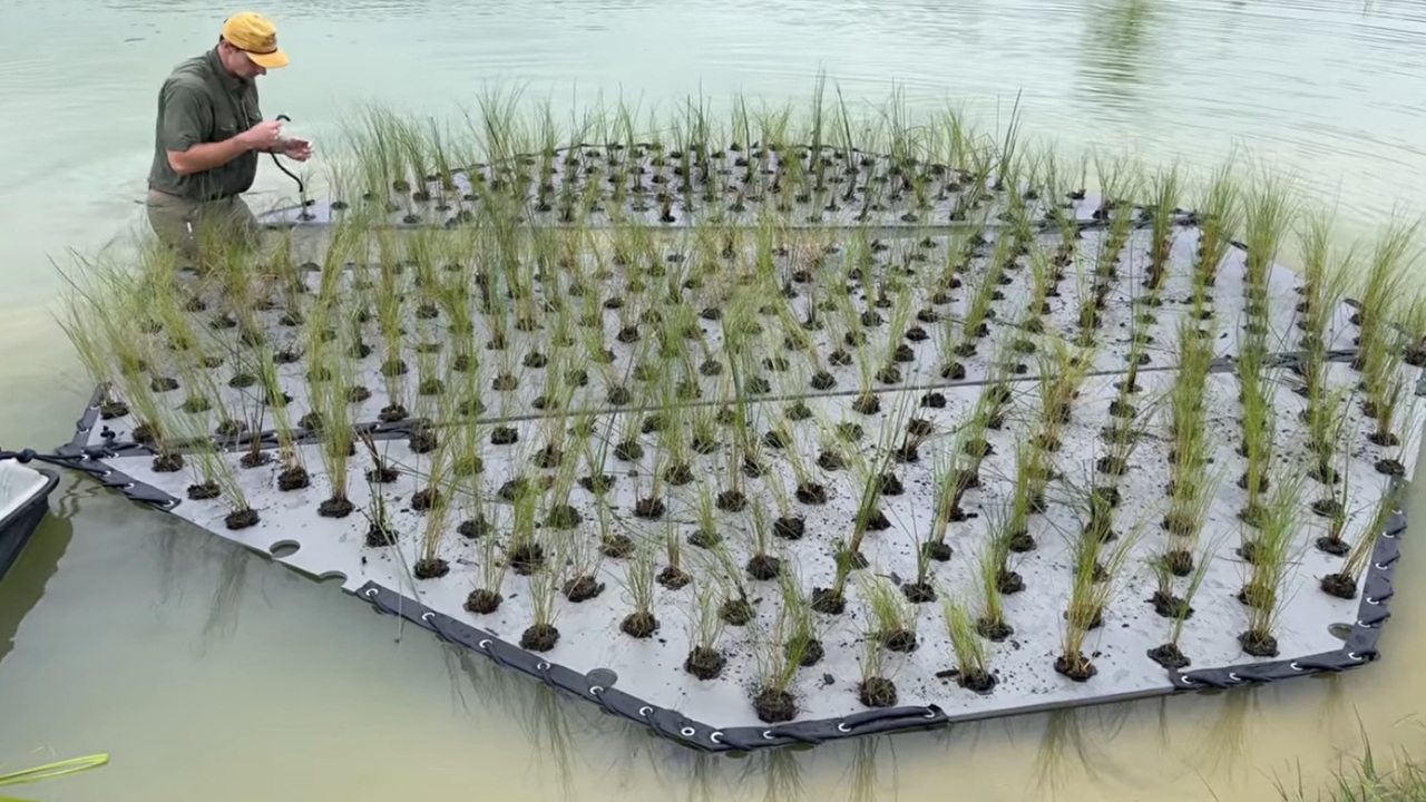 Canal BamaBass mostra ilhas flutuantes, 10 mil peixes-isca, águia-careca e filhotes do bass Moby em lago artificial.