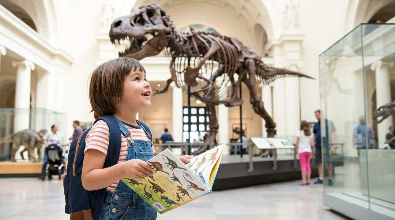 Child enthusiastically observing a large dinosaur skeleton in a natural history museum