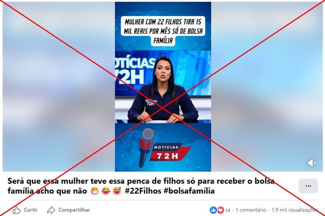 Captura de pantalla de una publicación viral en las redes sociales mostrando una supuesta presentadora de noticiero y la alegación falsa de que una mujer con 22 hijos recibiría R$ 15 mil mensuales del Bolsa Familia.