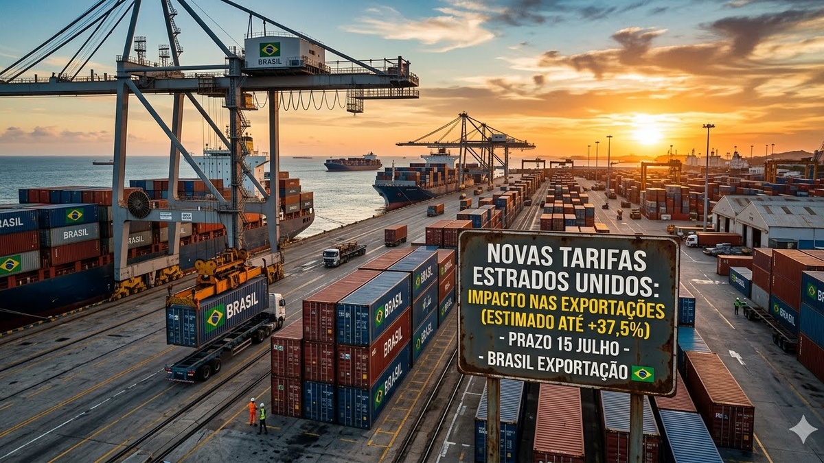 Porto brasileiro com contêineres, guindastes e navio cargueiro ao pôr do sol, destacando novas tarifas dos Estados Unidos sobre exportações do Brasil.
