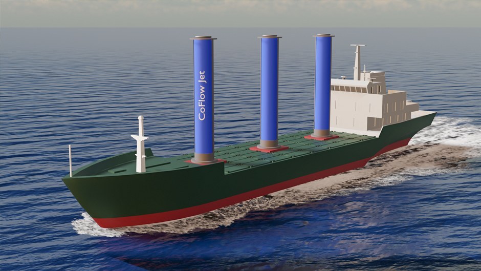 Navio cargueiro movido a vento navegando no oceano