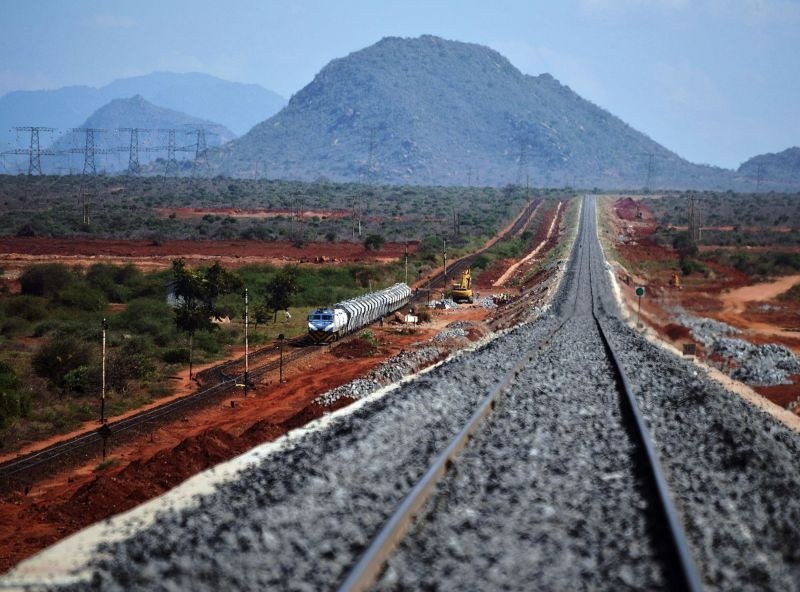 Freight train crossing the African savannah