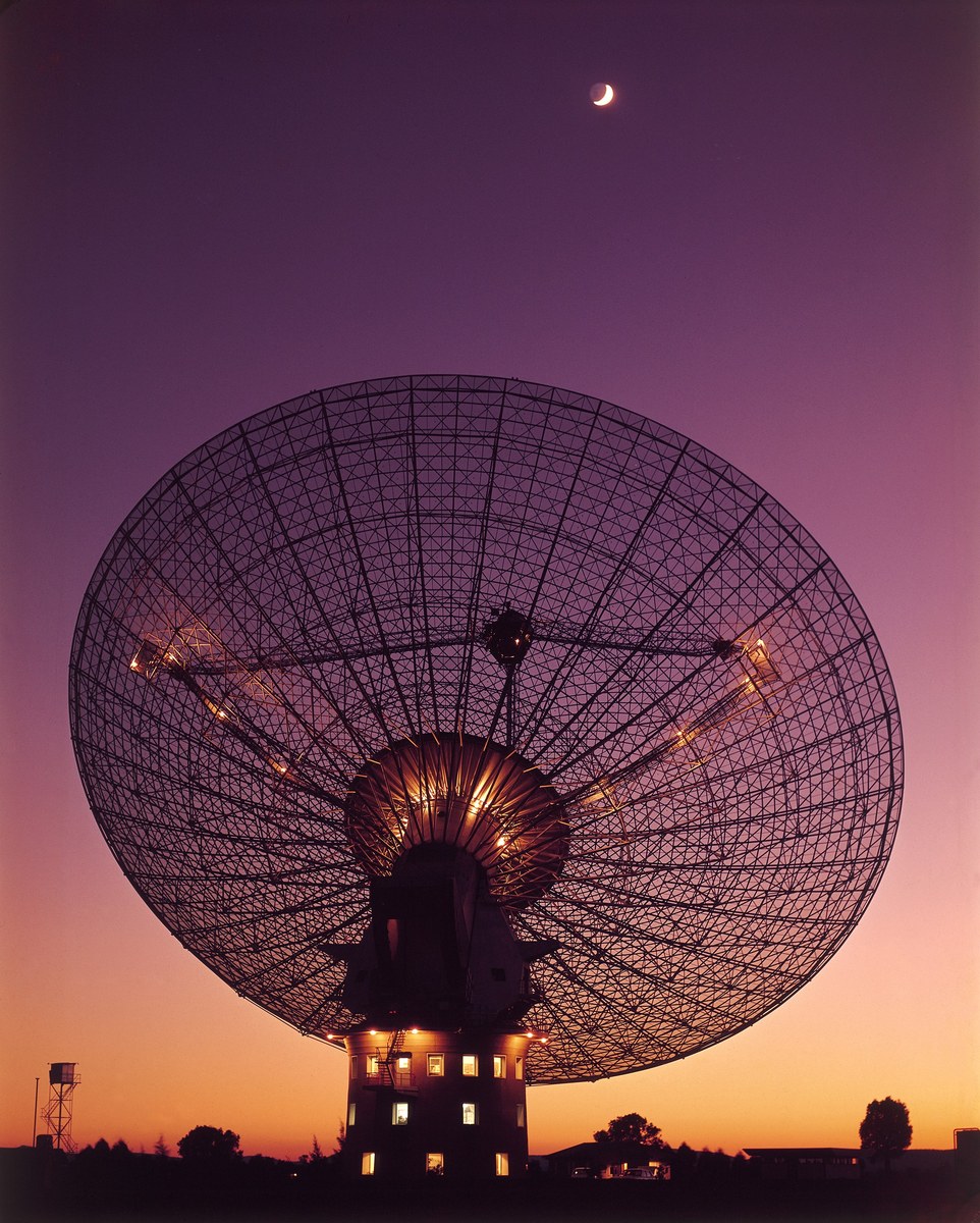 Large radio telescope antenna pointed at the sky