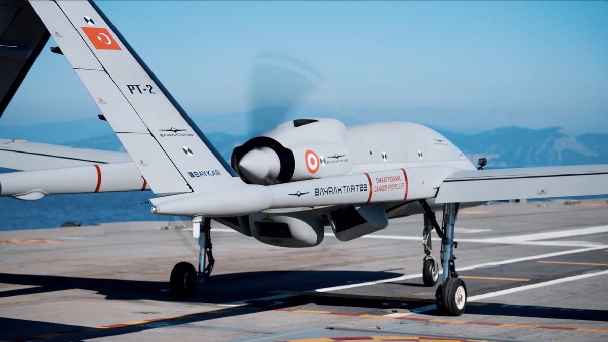 Bayraktar TB3 drone landed on the deck of a warship