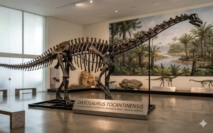 Esqueleto montado de um dinossauro saurópode em museu