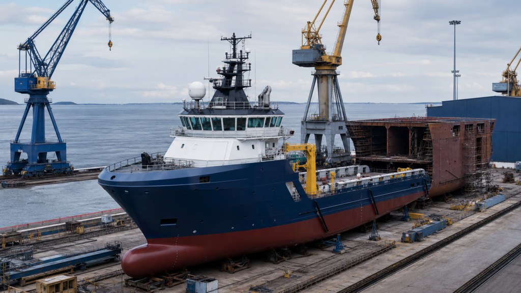 Navio de apoio offshore atracado em terminal portuário