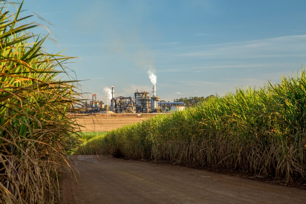 Ethanol plant viewed from above at sunset