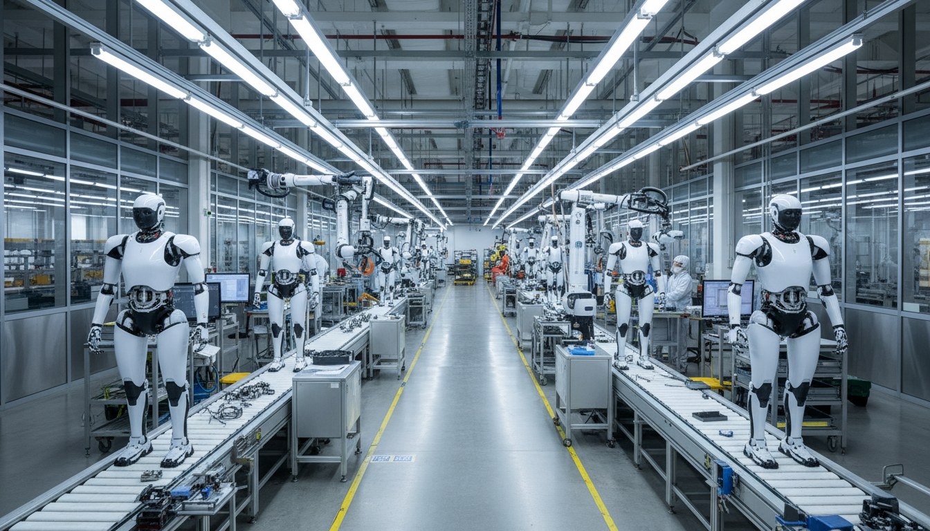 Robot humanoide blanco caminando dentro de fábrica