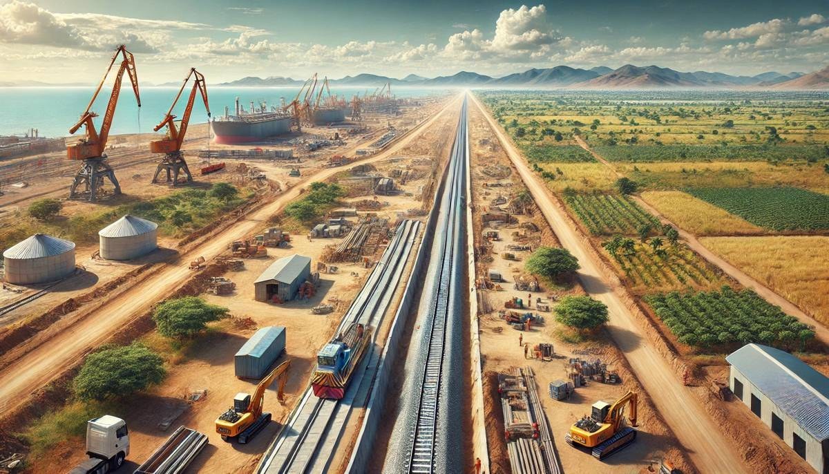 Ferrovia atravessando paisagem africana