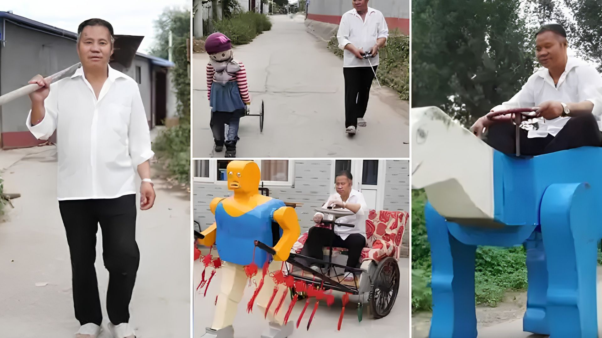 inventor chinês autodidata, criou dezenas de robôs com sucata