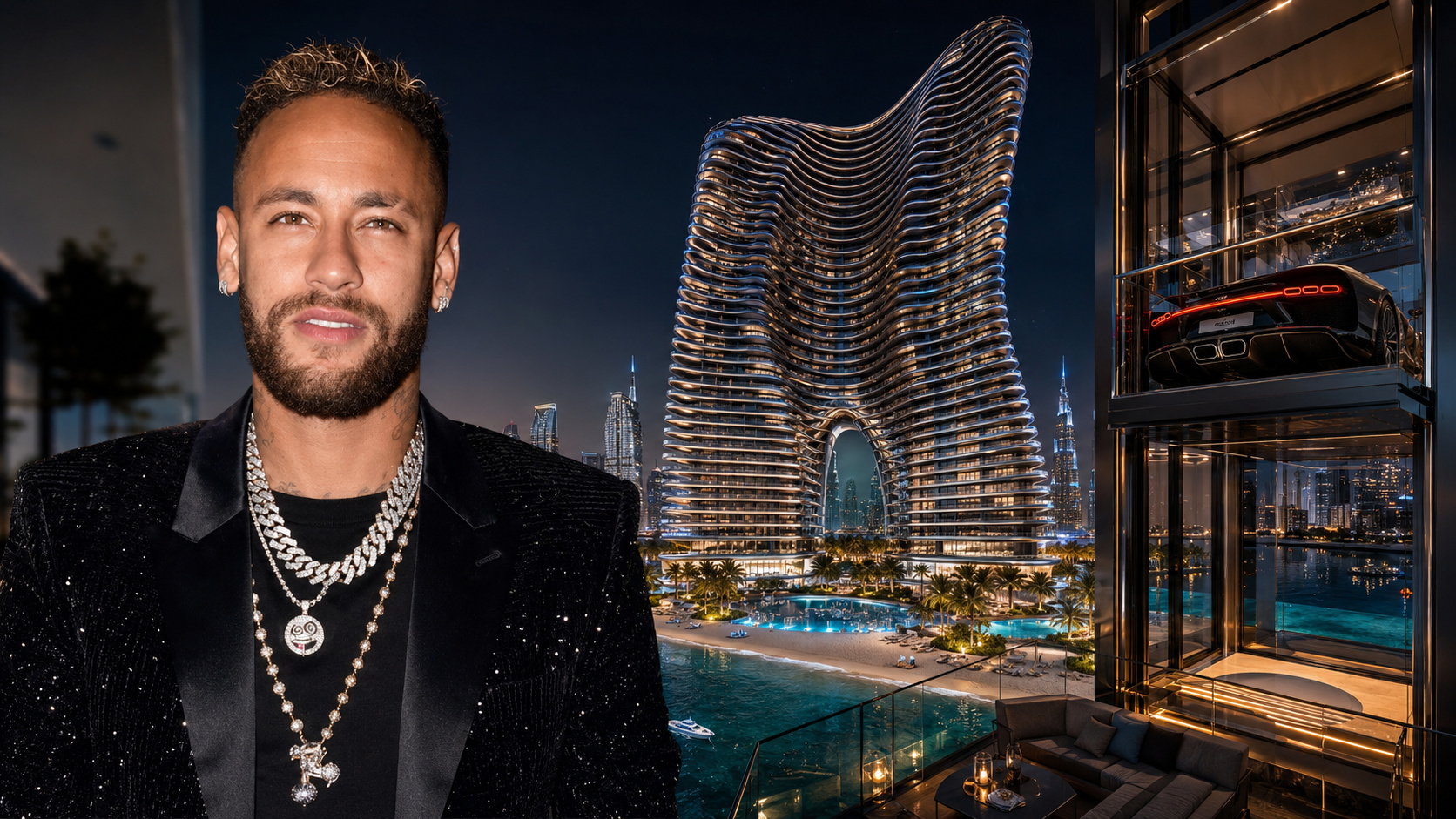 Neymar foca em Dubai e compra cobertura de R$ 314 milhões em prédio da Bugatti, com elevador que leva o carro até dentro de casa