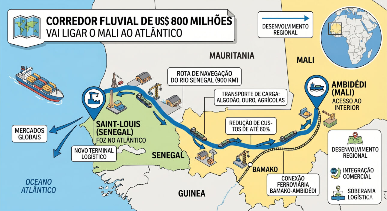 mapa ilustrando Corredor fluvial de US$ 800 milhões vai ligar o Mali ao Atlântico