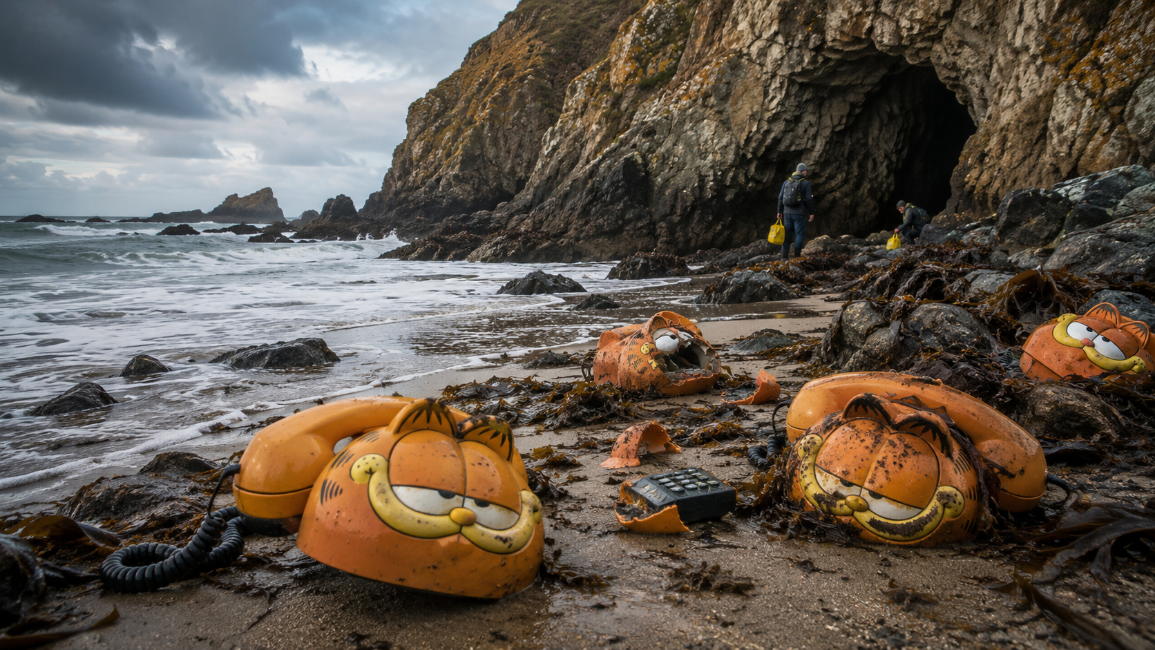 mar devolveu pedaços de telefones Garfield às praias da França até uma caverna escondida revelar a carga perdida de um contêiner levado por tempestade nos anos 1980