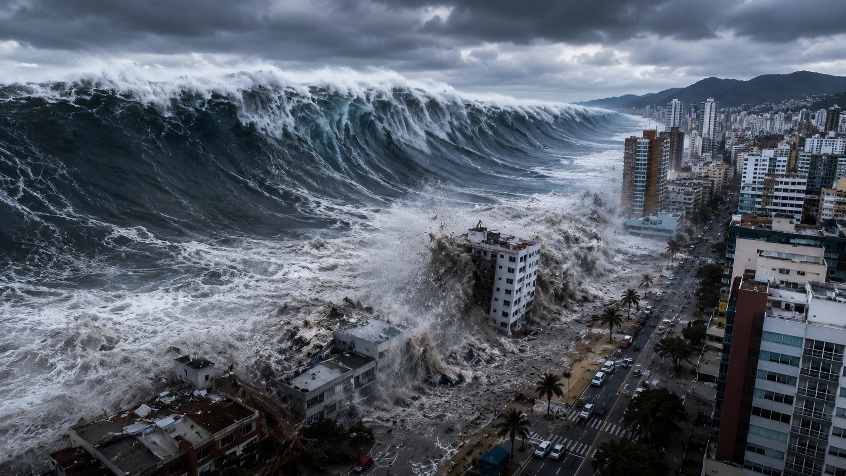 Onda gigante de tsunami invadindo cidade costeira e destruindo construções
