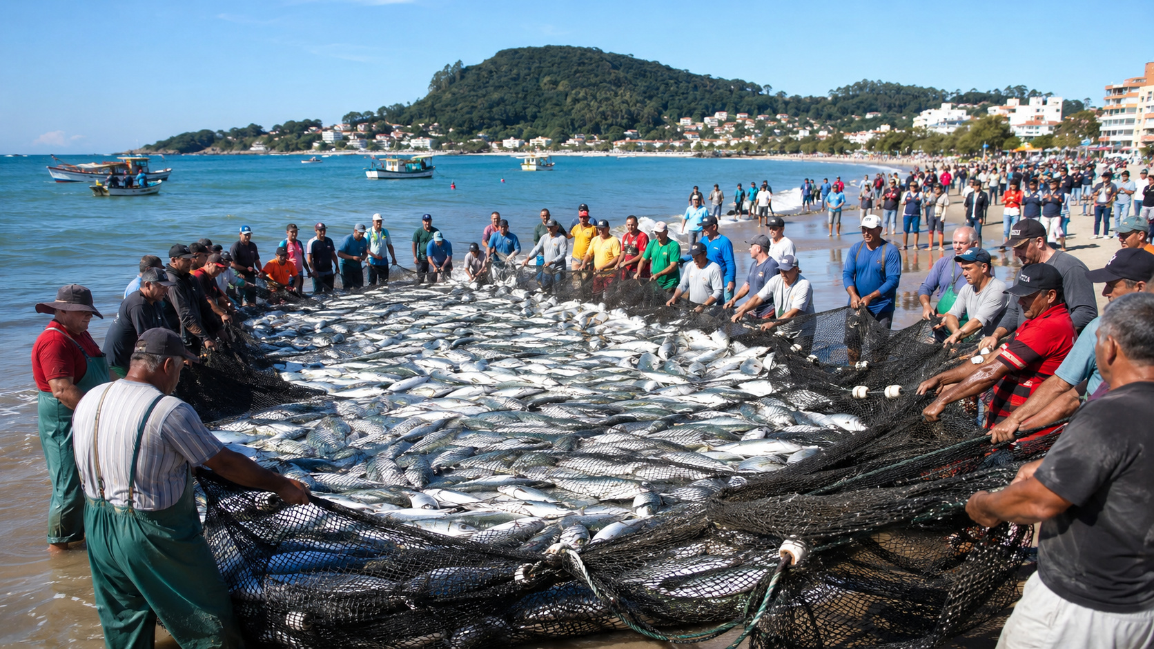Pescadores puxando rede cheia de tainhas na praia de Quatro Ilhas durante safra histórica em Bombinhas, Santa Catarina.