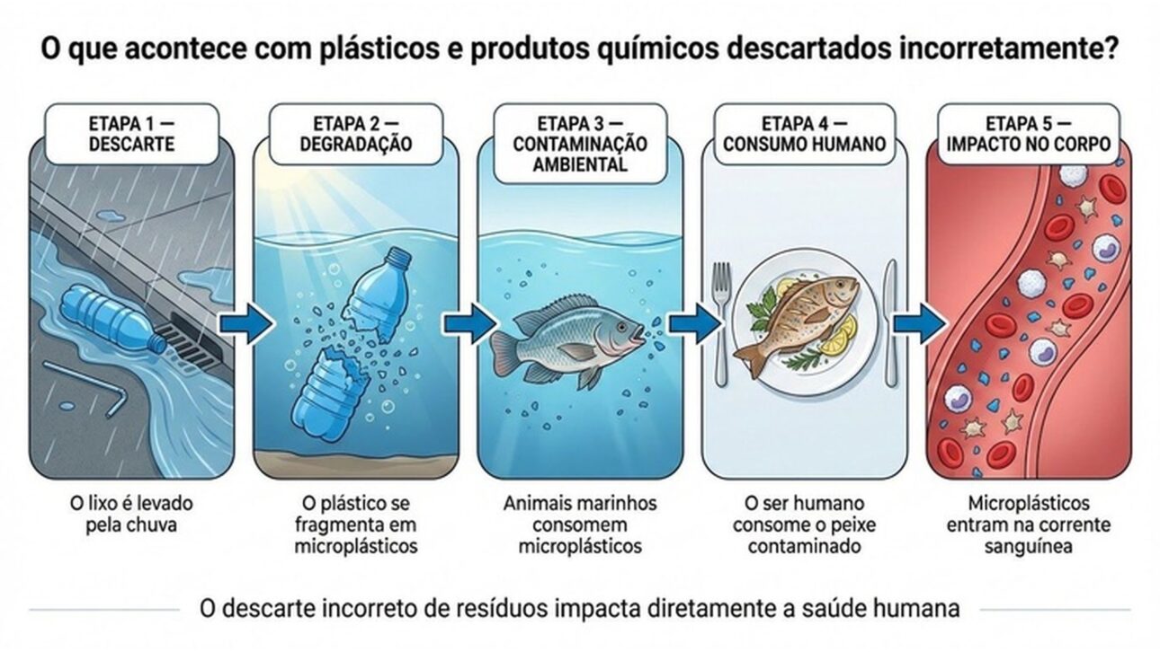 Infographic shows how improper disposal of plastics generates microplastics that contaminate the environment, enter the marine food chain, and can reach the human bloodstream.
