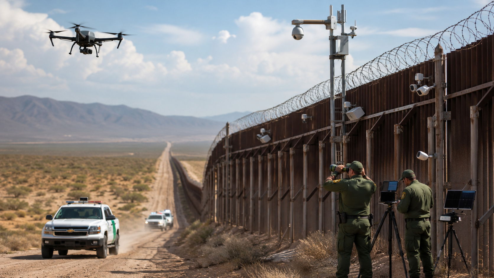 Muro da fronteira entre Estados Unidos e México durante operação de vigilância com drones e agentes de segurança.
