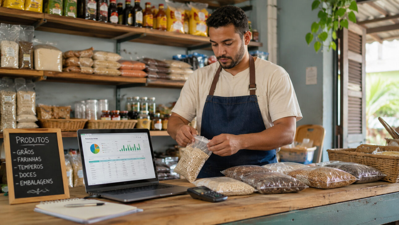 Microempreendedor organizando produtos em loja simples com notebook sobre o balcão