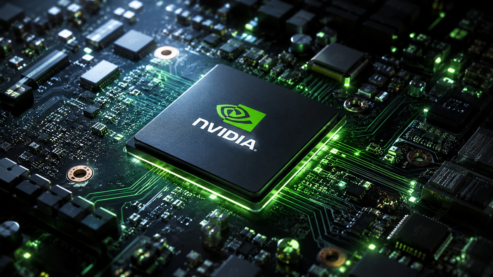 Chip de alto desempenho da Nvidia sobre placa eletrônica iluminada, representando fábricas de IA, data centers e infraestrutura avançada de inteligência artificial.