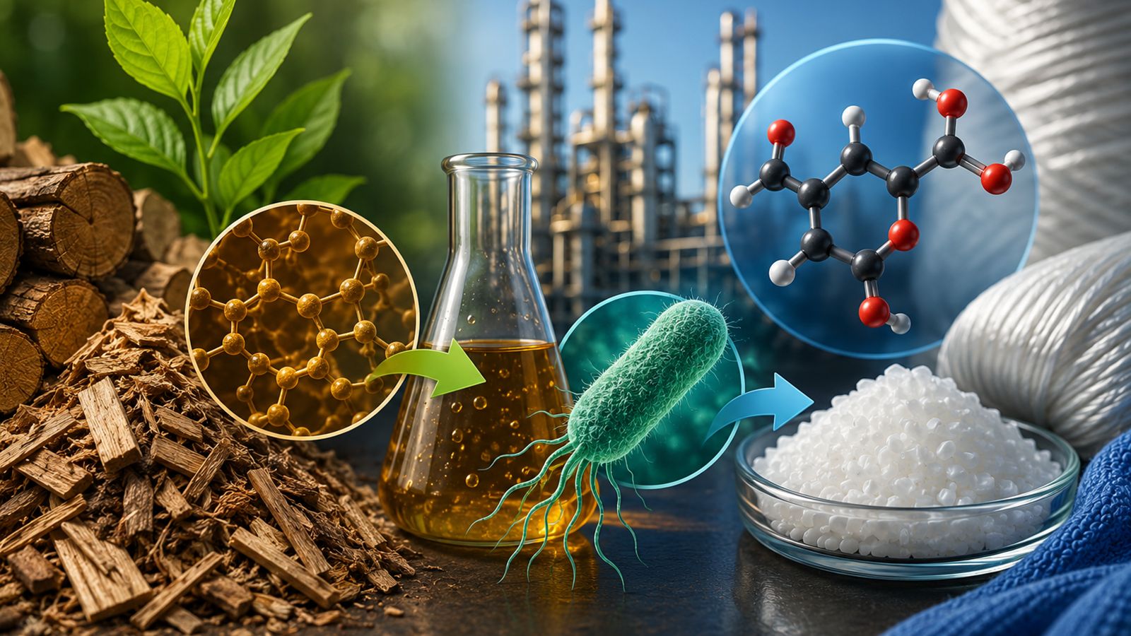 Estudo mostra rota para produzir ácido adípico do nylon a partir da lignina, com rendimento de 26% e uso de bactéria modificada.