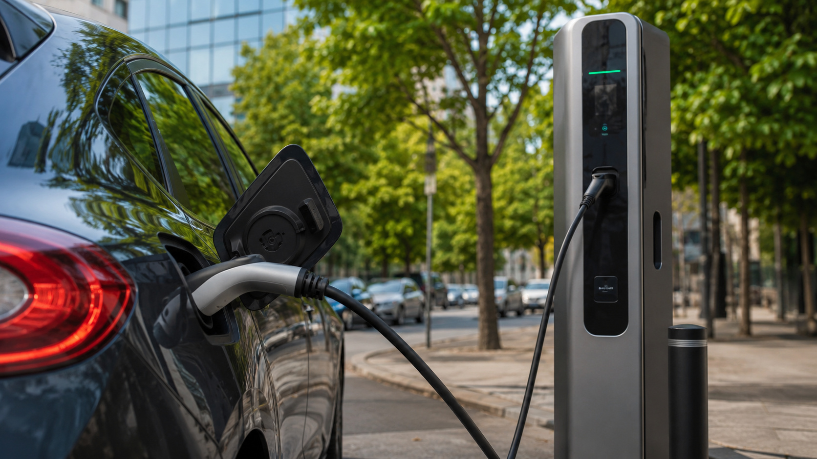 Carro elétrico moderno conectado a uma estação de recarga em uma área urbana, representando o avanço da mobilidade sustentável e o futuro dos veículos no Brasil.
