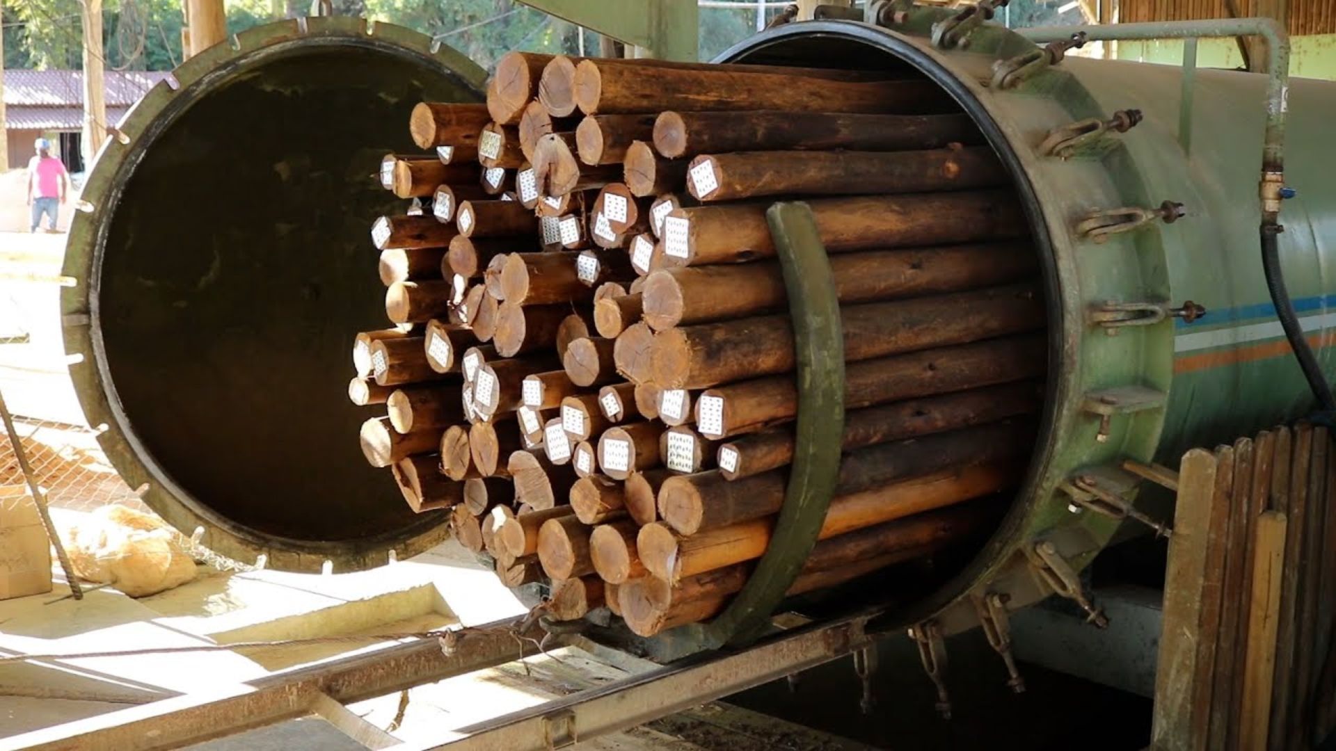 Uma empresa de Santa Catarina mostra como a madeira tratada faz eucalipto e pinus durarem mais de 15 anos: a seiva é trocada por produto químico na autoclave.