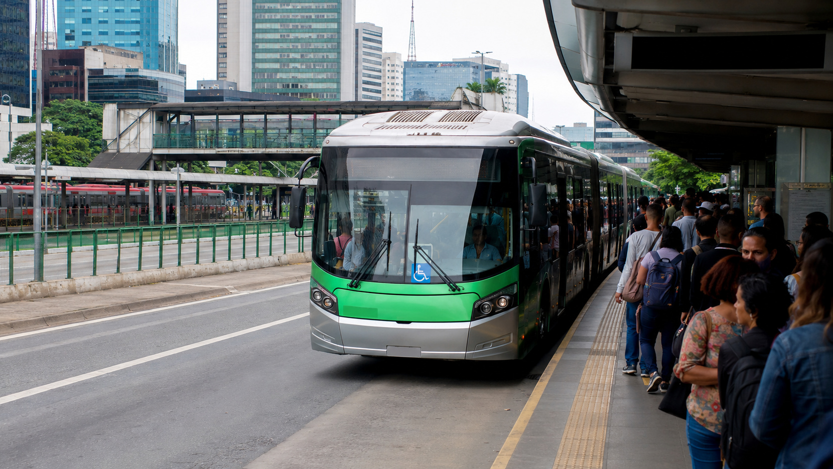 Ônibus moderno parado em corredor urbano com passageiros aguardando embarque, representando a nova lei do transporte público e mudanças no financiamento da mobilidade urbana.