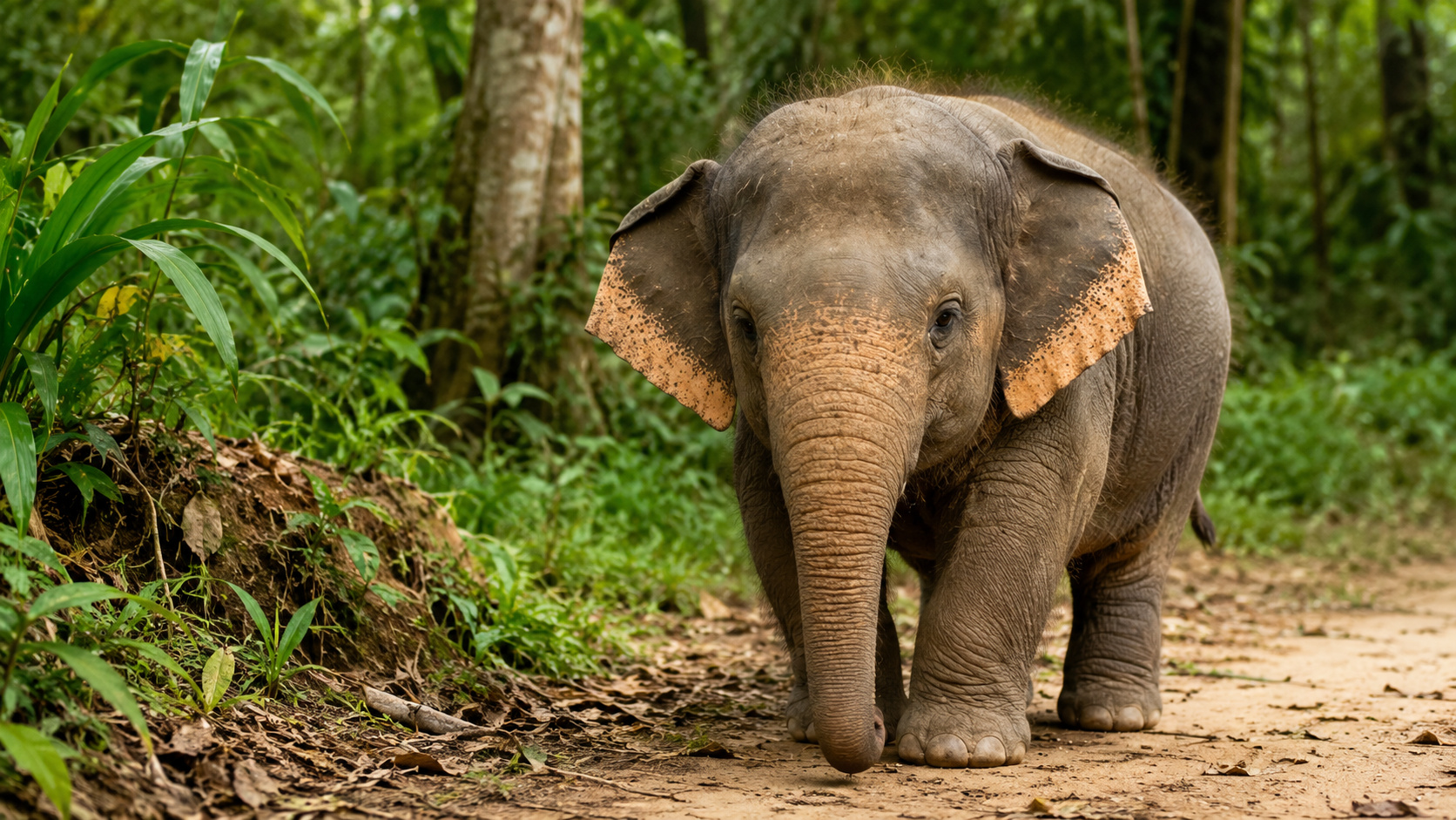 Elefante-pigmeu-de-bornéu caminhando por uma trilha cercada pela vegetação de uma floresta tropical.