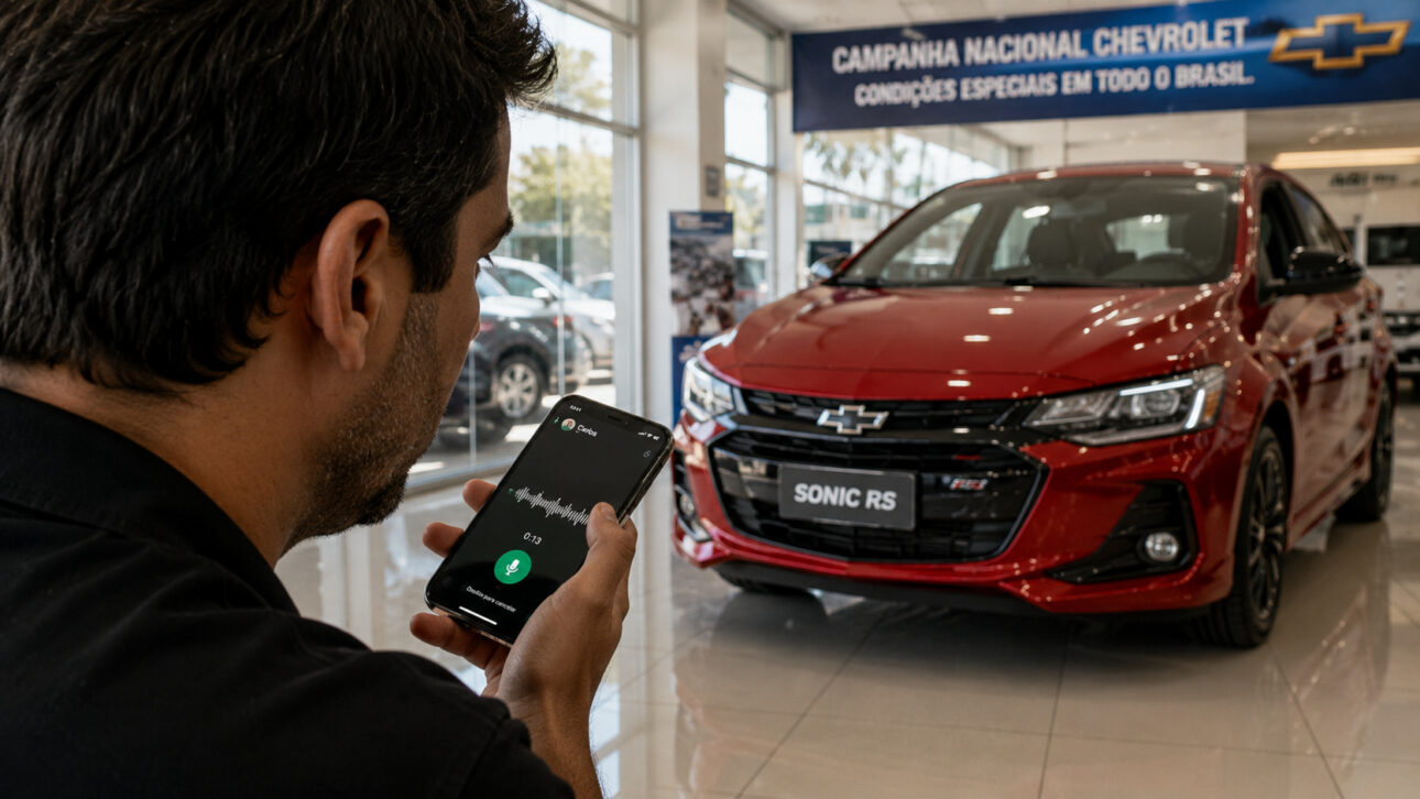 Participante enviando história por áudio no WhatsApp para concorrer ao Chevrolet Sonic RS 2026.