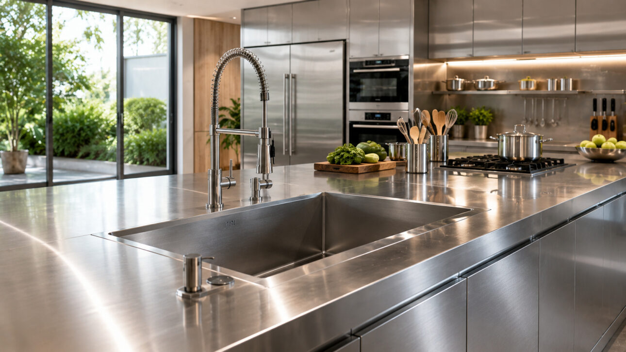 Stainless steel sink in a modern kitchen showing advantages of hygiene, durability, and practicality compared to granite.