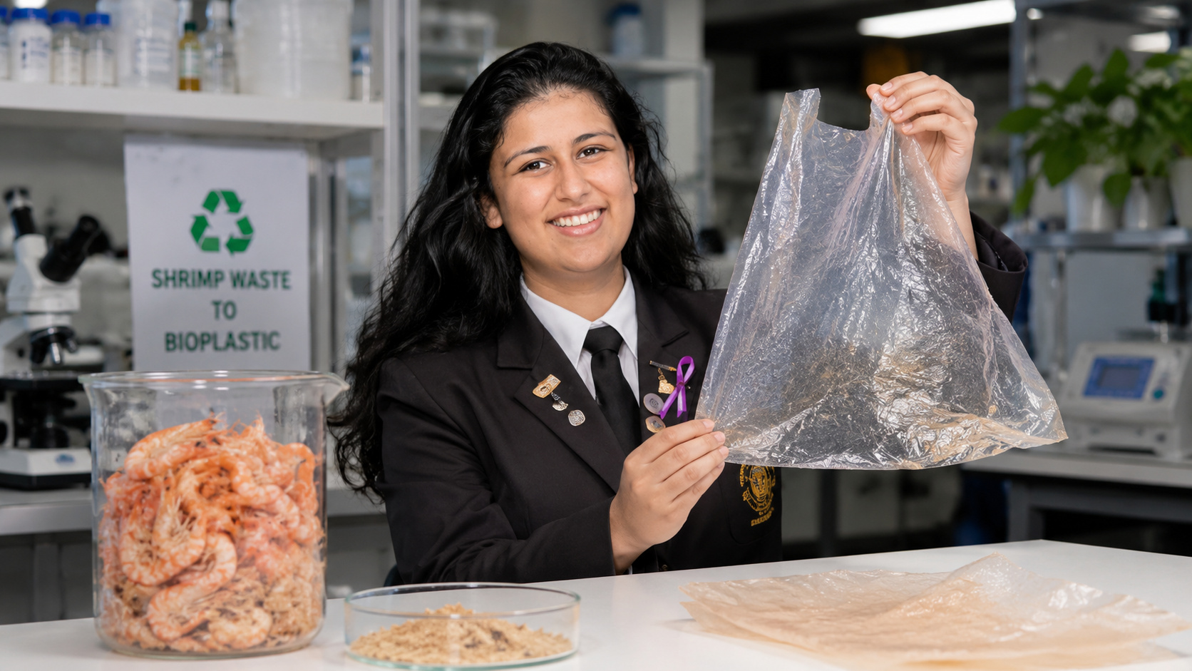 Estudante australiana transforma cascas de camarão em plástico biodegradável e cria uma “sacola de frutos do mar” que não depende de petróleo