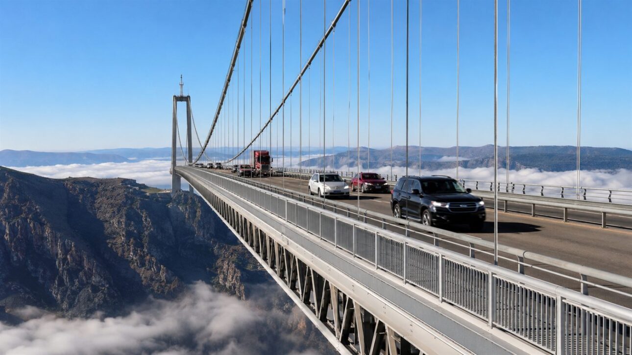 Cars cross in two minutes the span that previously required two hours through the mountains.