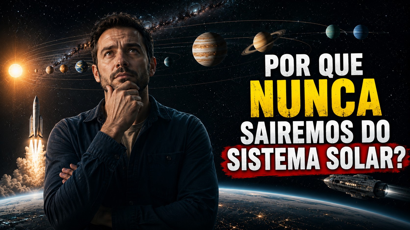 Texto Alt: Homem refletindo sobre o futuro da humanidade diante do Sistema Solar, com foguete, nave espacial e planetas ao fundo em cenário espacial realista.