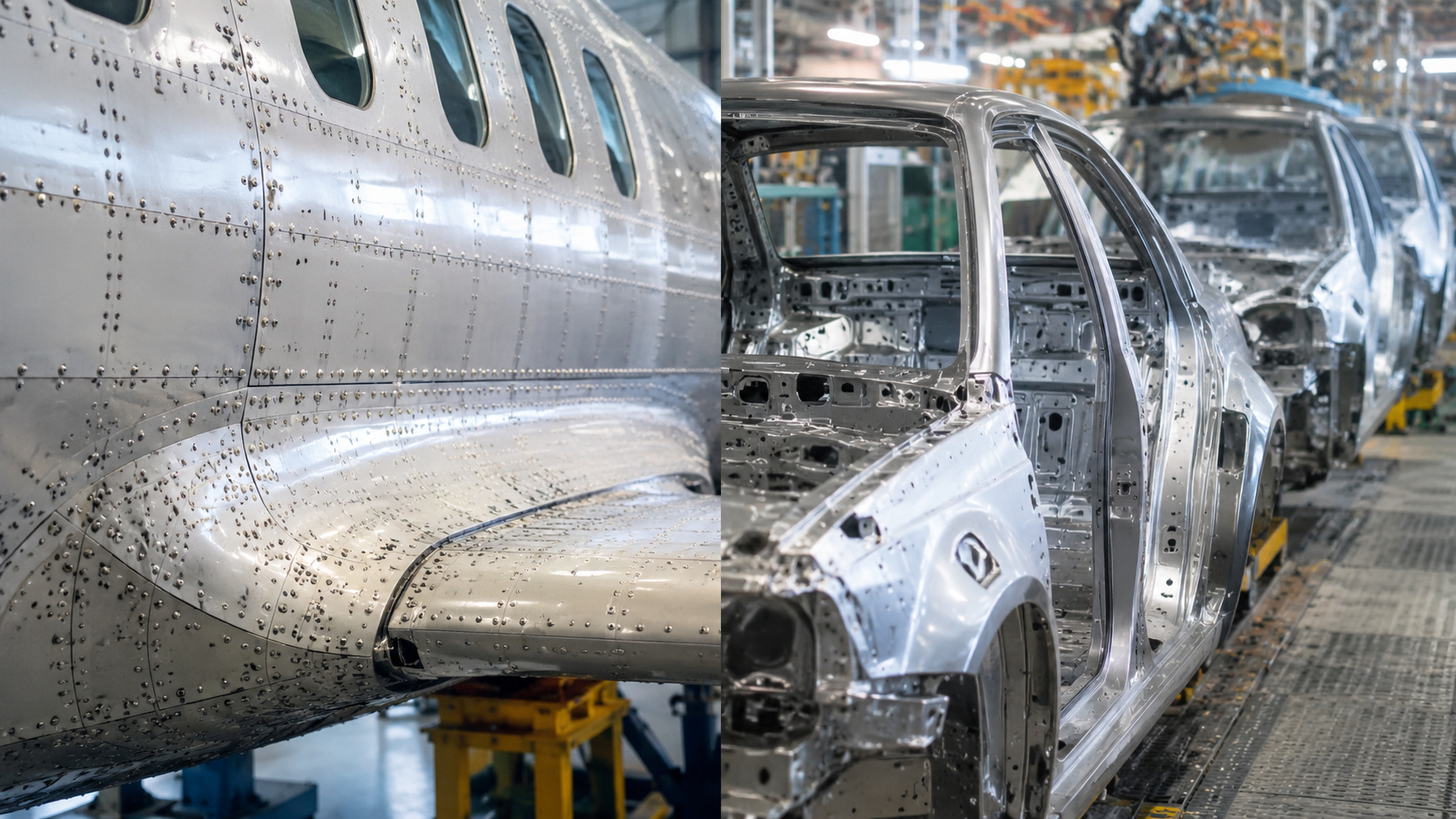 Fuselagem de avião com rebites ao lado de carrocerias metálicas em linha de montagem automotiva.