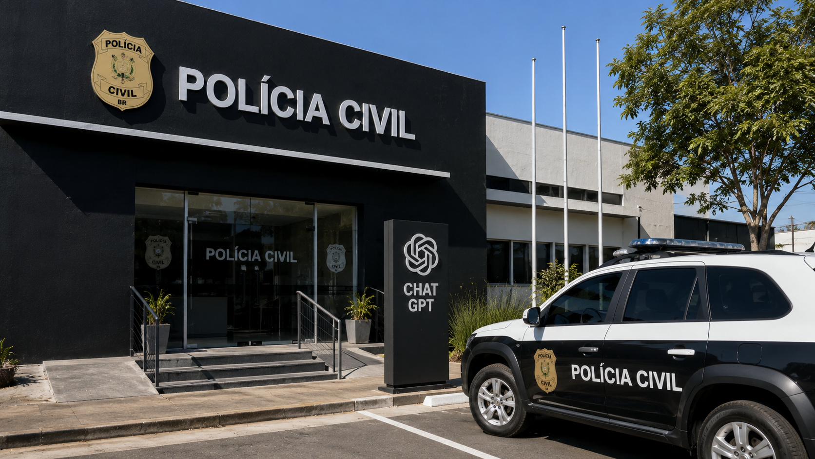 Fachada de delegacia de polícia civil com viatura estacionada sob luz natural de dia