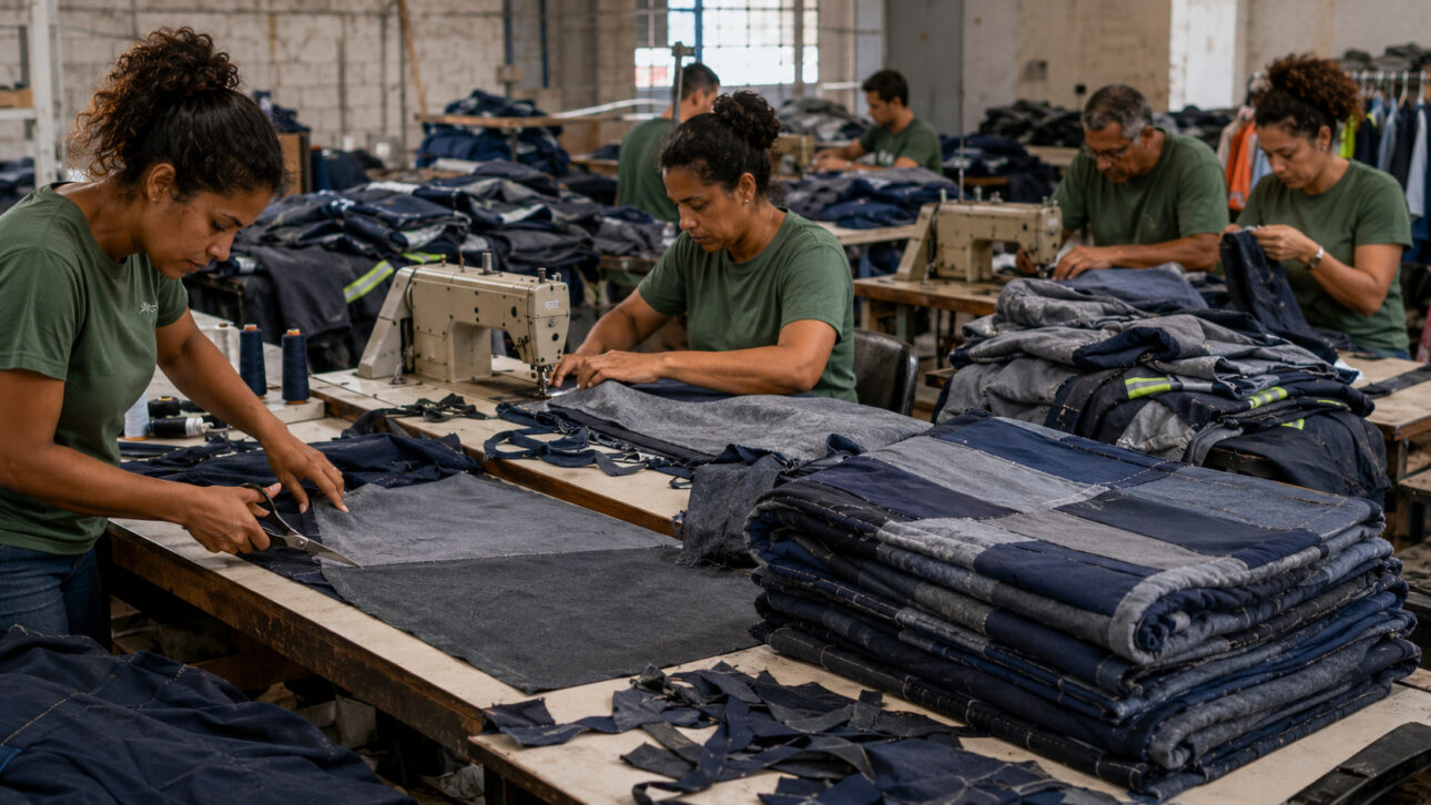 proceso de costura de uniformes antiguos convirtiéndose en cobertores