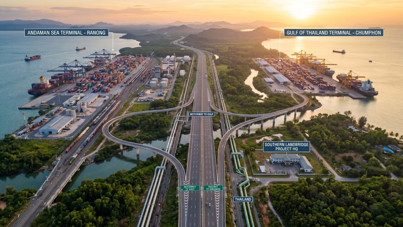 Southern Landbridge da Tailândia vai ligar dois portos por 89 km de ferrovia e rodovia, reduzir rotas em até 1.000 km e criar alternativa ao Estreito de Málaca.