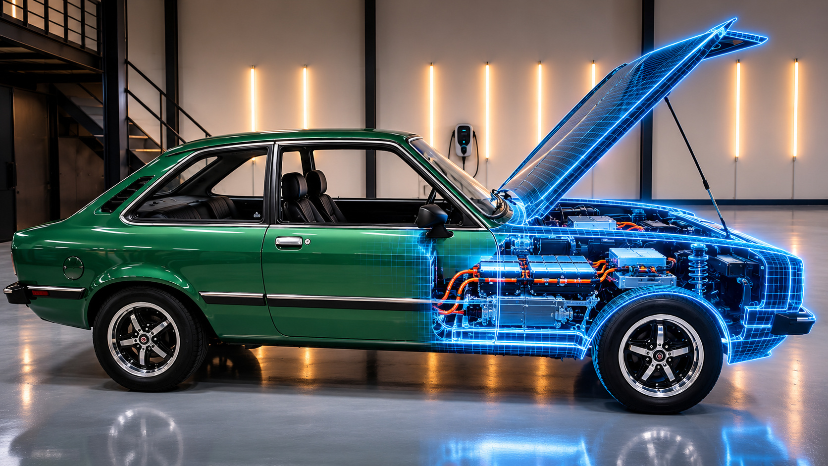 Chevette clássico verde em garagem moderna com capô aberto e projeção digital azul mostrando sistema elétrico.