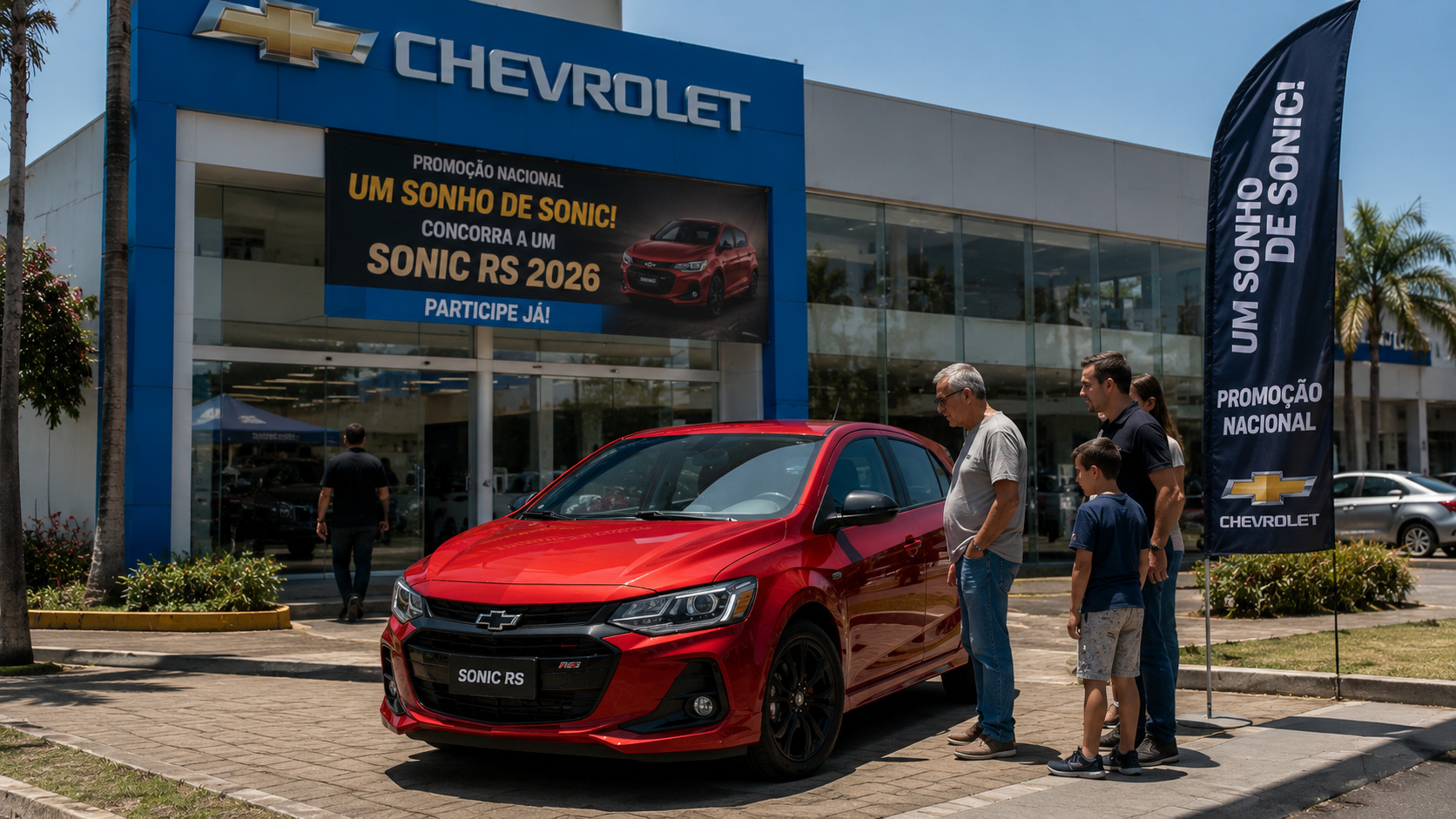 Chevrolet Sonic RS 2026 exposto em concessionária durante campanha promocional.