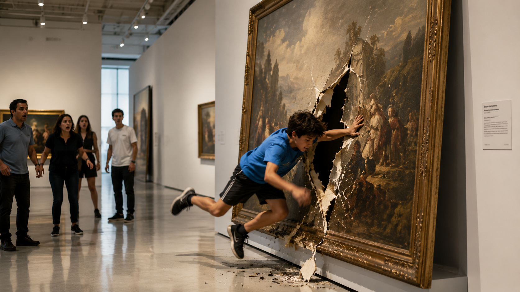 Momento em que um menino tropeça e cai sobre uma pintura exposta em um museu, abrindo um grande rasgo na tela durante a visita à galeria.