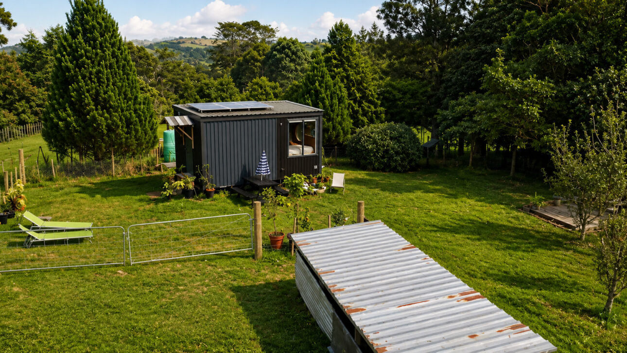 quitinete fora da rede elétrica com energia solar, água da chuva, banheiro biodigestor
