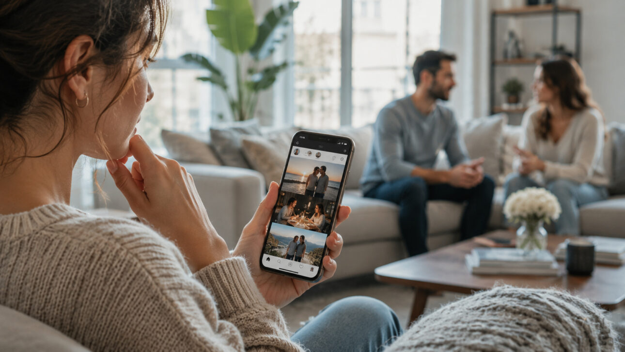 Mulher observando imagens de casais nas redes sociais em smartphone enquanto um casal conversa ao fundo em ambiente moderno.